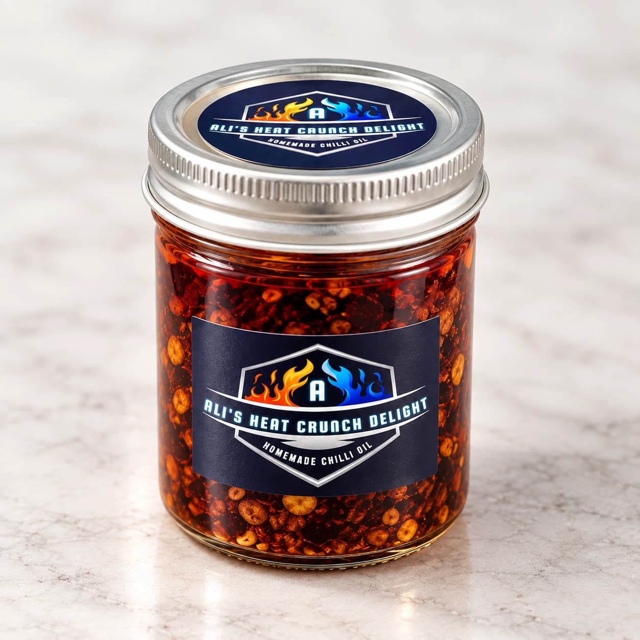 A jar of Ali's Heat Crunch Delight chilli oil, filled with chilli in oil and labelled with the AHCD crest.